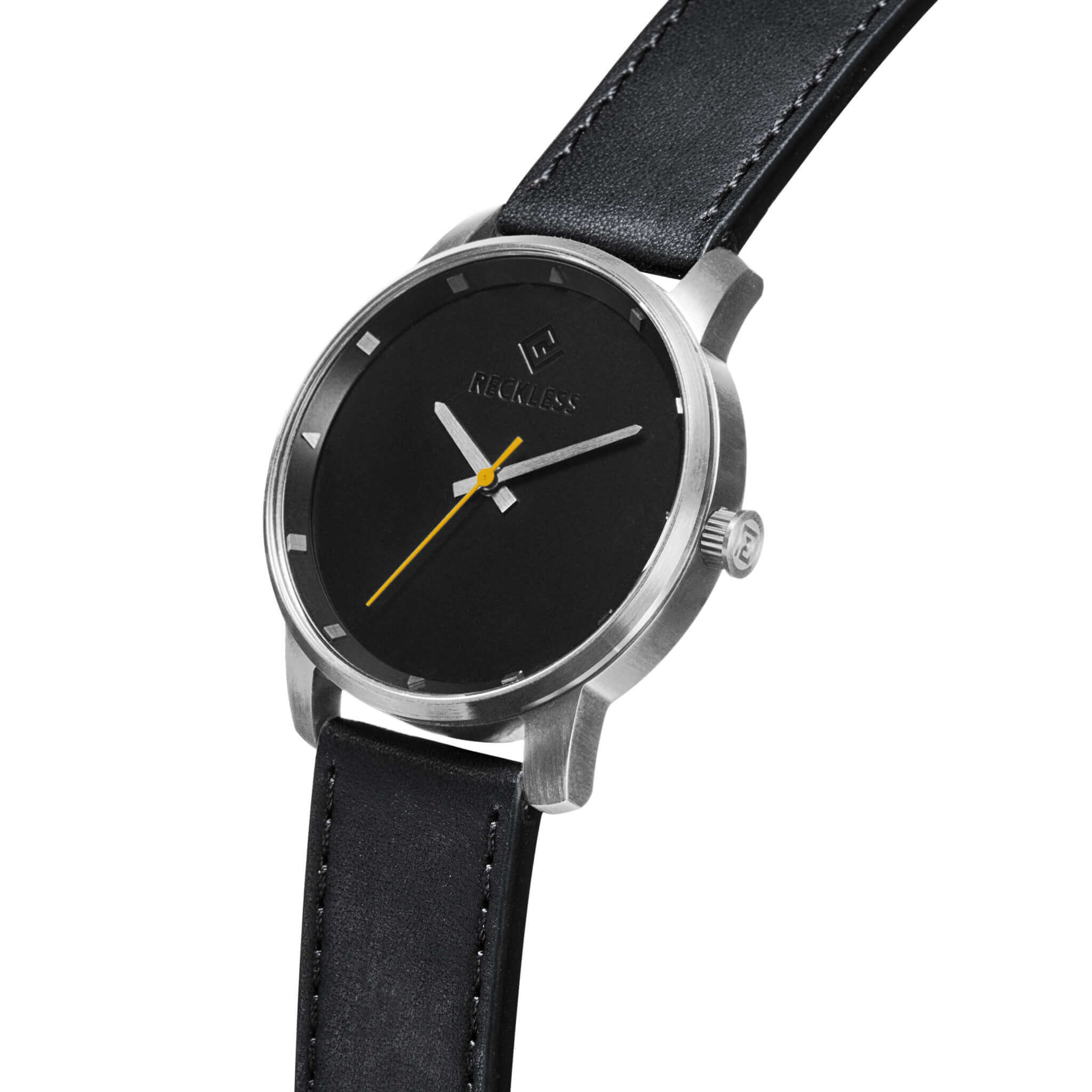 Black Silver Watch | Genuine Black Leather, 44 Mm - Reckless Watches